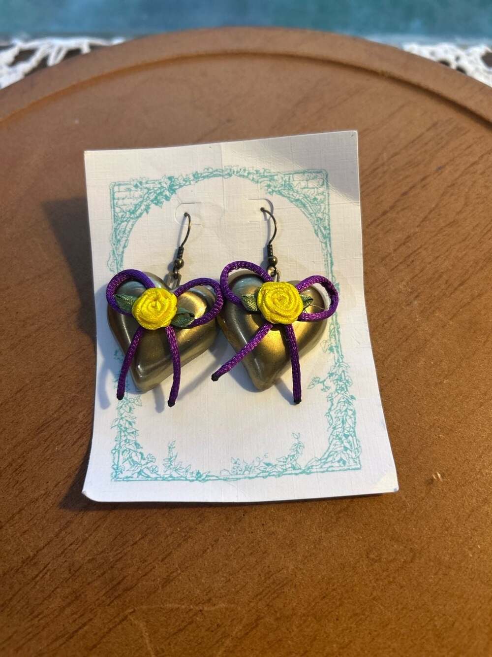 Vintage Gold Heart Earrings with Purple Ribbon Bow and Yellow Rose